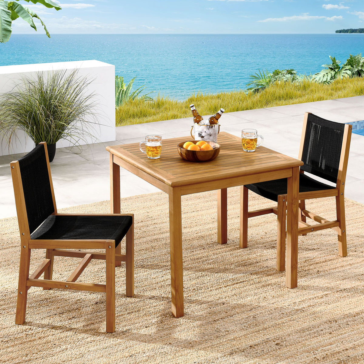 Vienna 3-Piece Outdoor Patio Teak and Rope Dining Set with Armless Chiars - view 6