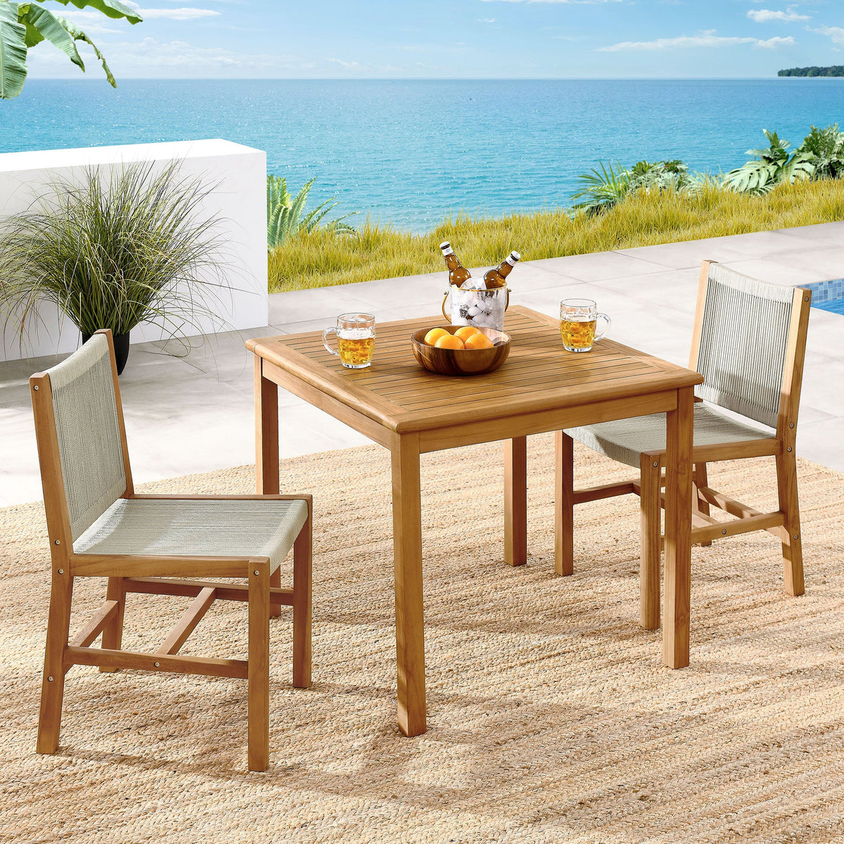 Vienna 3-Piece Outdoor Patio Teak and Rope Dining Set with Armless Chiars - view 5