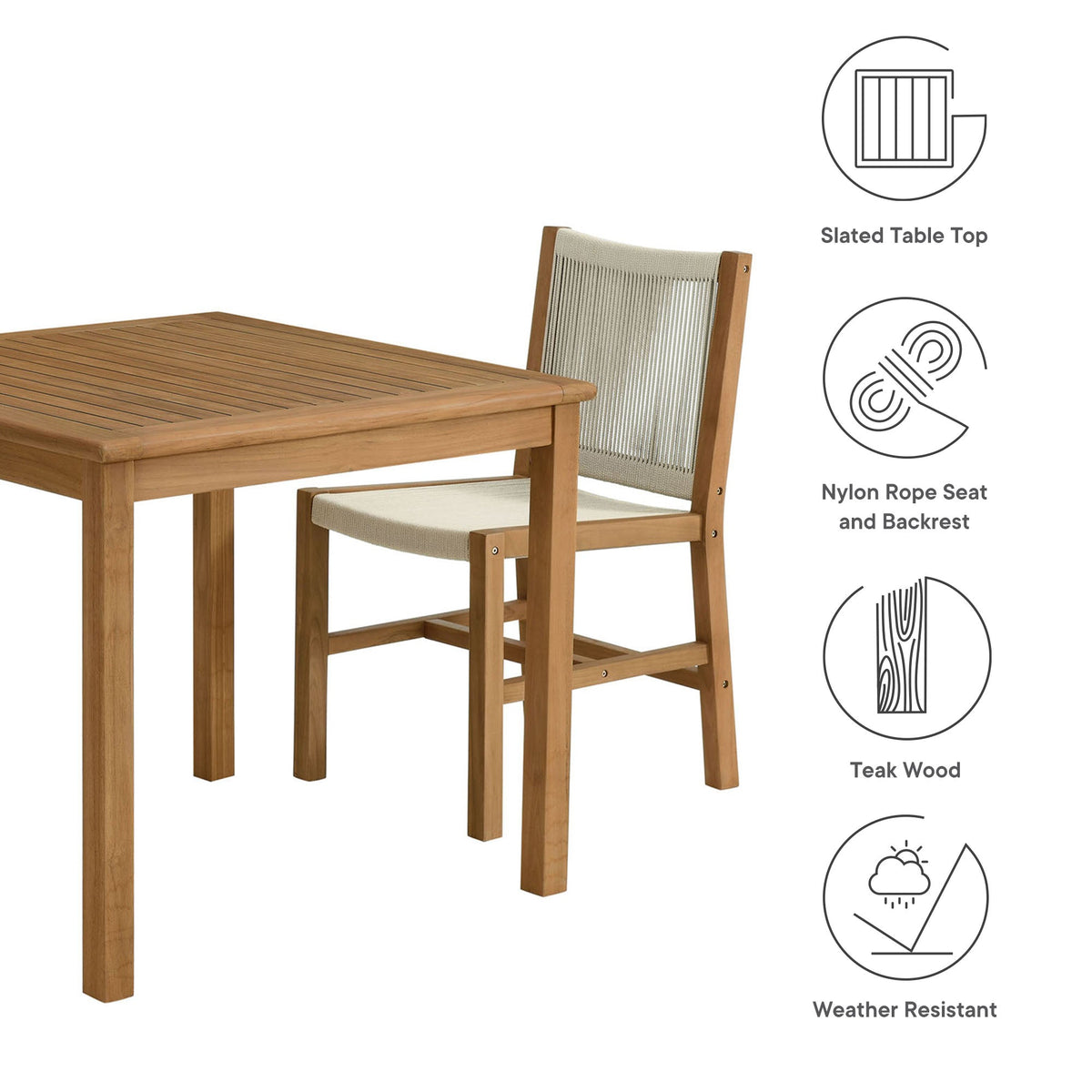 Vienna 3-Piece Outdoor Patio Teak and Rope Dining Set with Armless Chiars - view 7