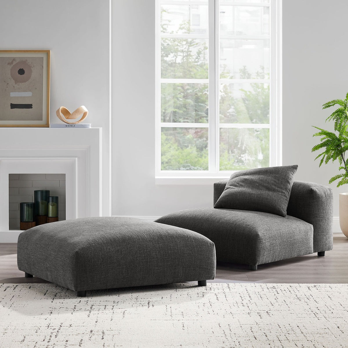 Solace Modular Upholstered Fabric Armless Chair and Ottoman Set