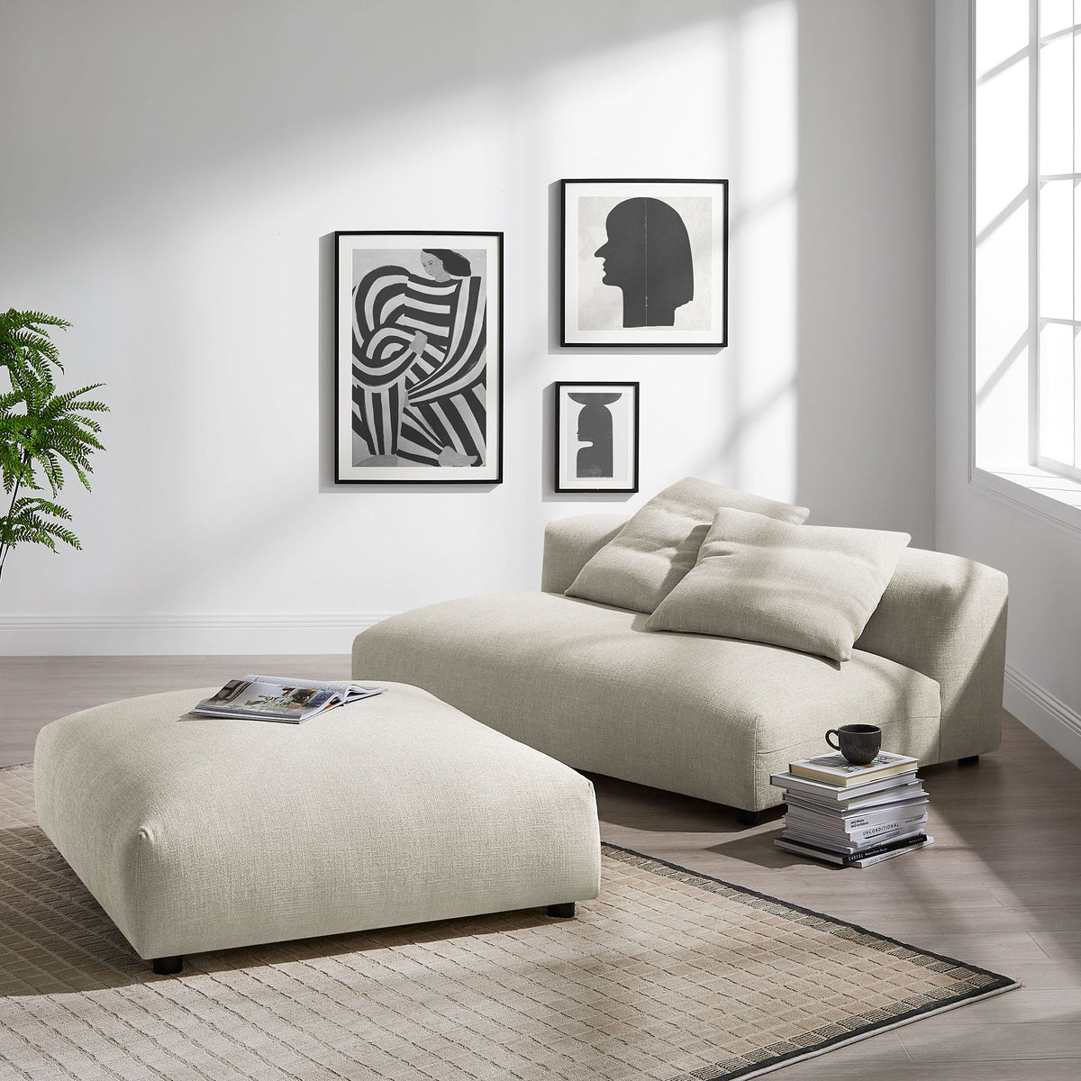 Solace Modular Upholstered Fabric Armless Loveseat and Ottoman Set