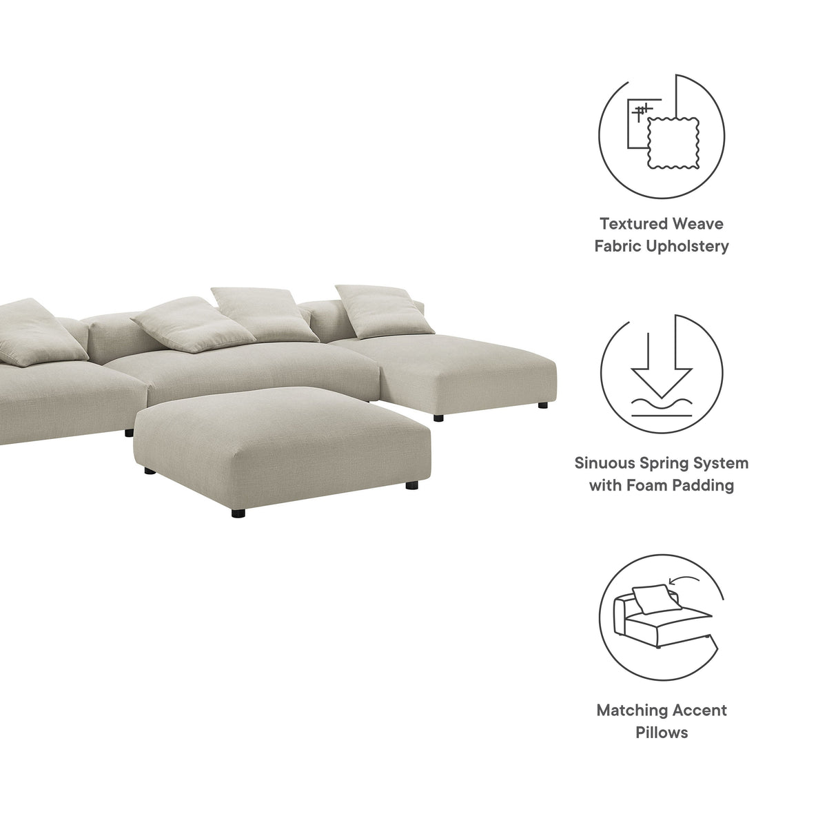 Solace 4-Piece Modular Upholstered Fabric Sectional Sofa With Ottoman