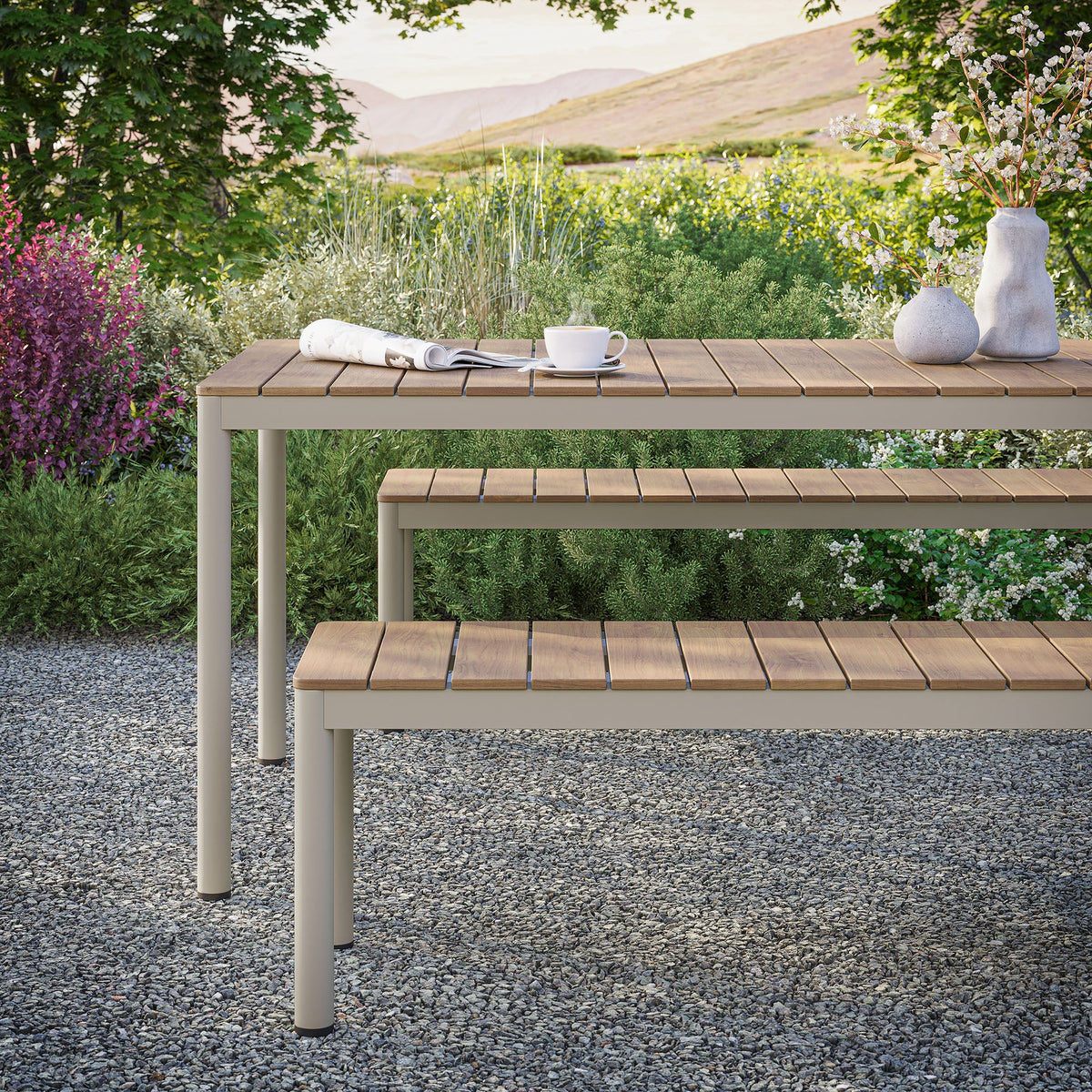Finn Outdoor Patio Aluminum Faux Wood Dining Set with Benches
