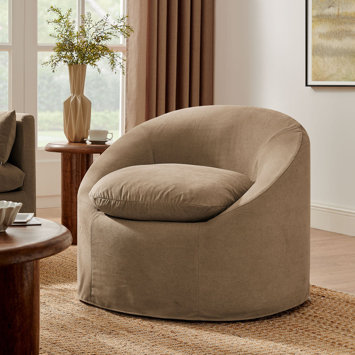 Sadie Slipcovered Linen-Blend Round Accent Chair