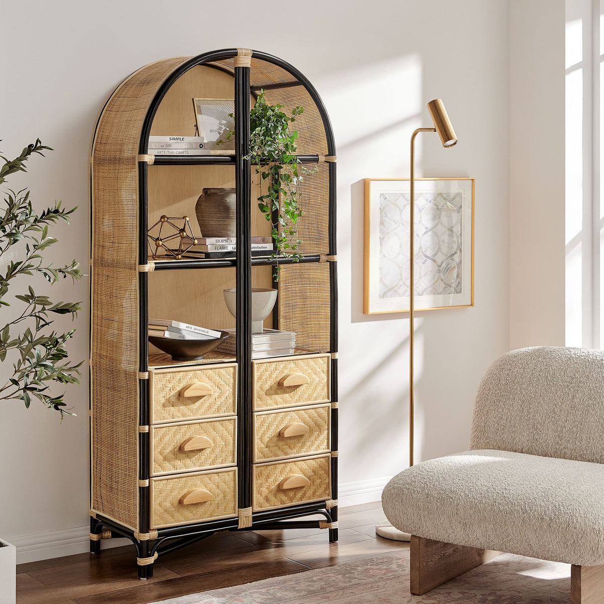Jane 71 Inch Tall Arched Natural Rattan Bookshelf