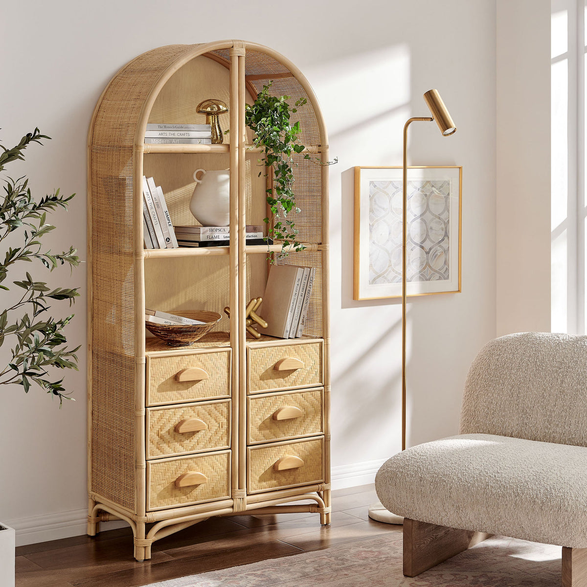 Jane 71 Inch Tall Arched Natural Rattan Bookshelf