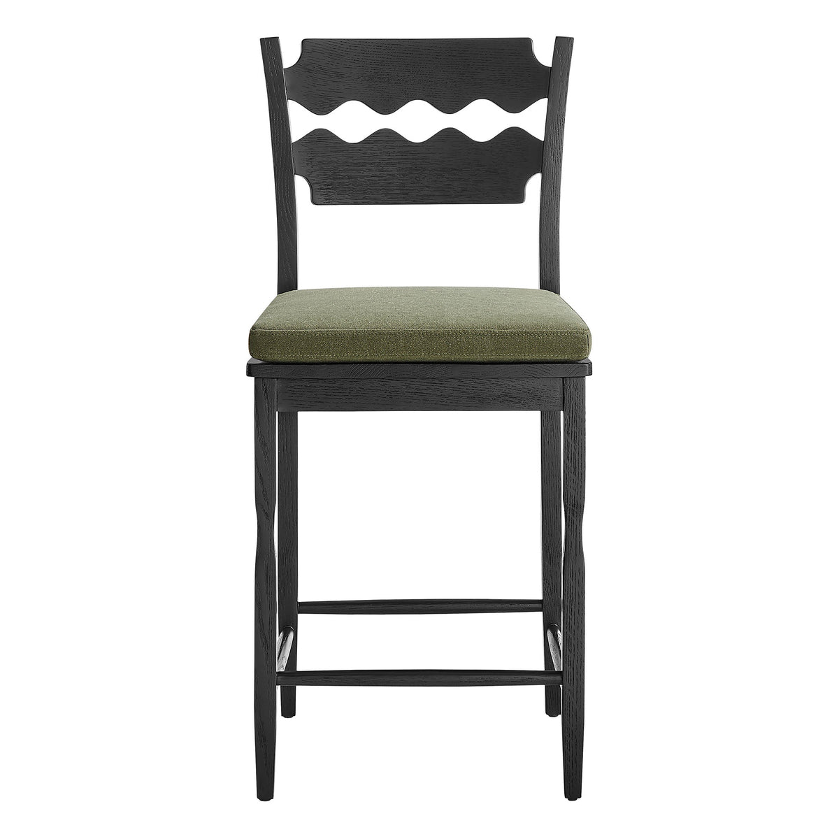 Jax Oak Wood Counter Stool With Wavy Razor Back and Cushion