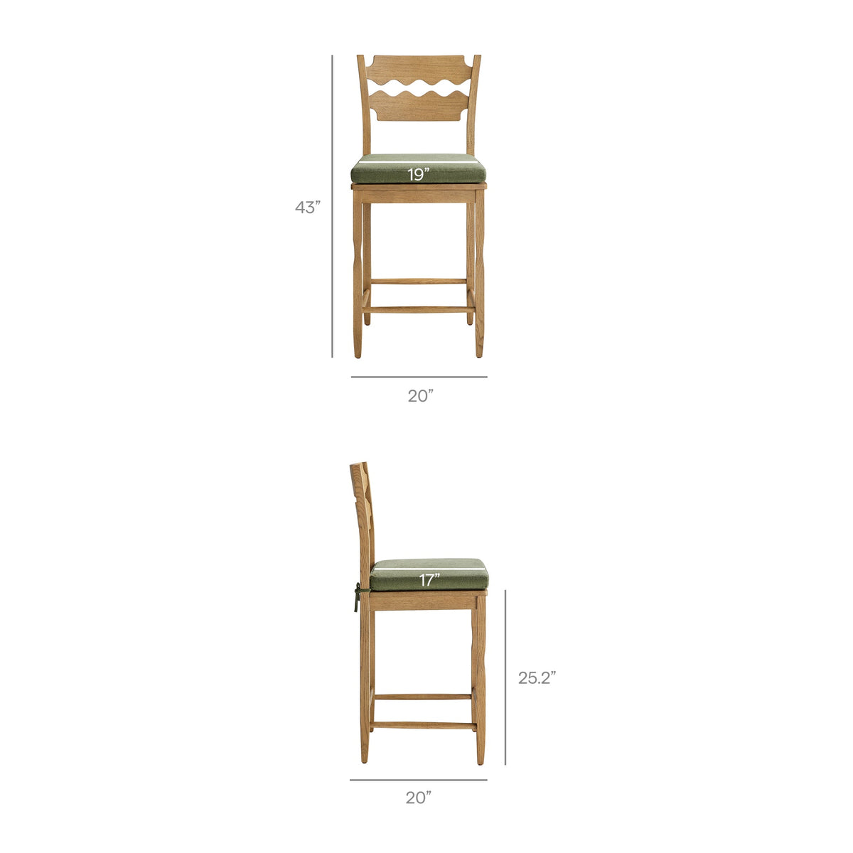 Jax Oak Wood Counter Stool With Wavy Razor Back and Cushion