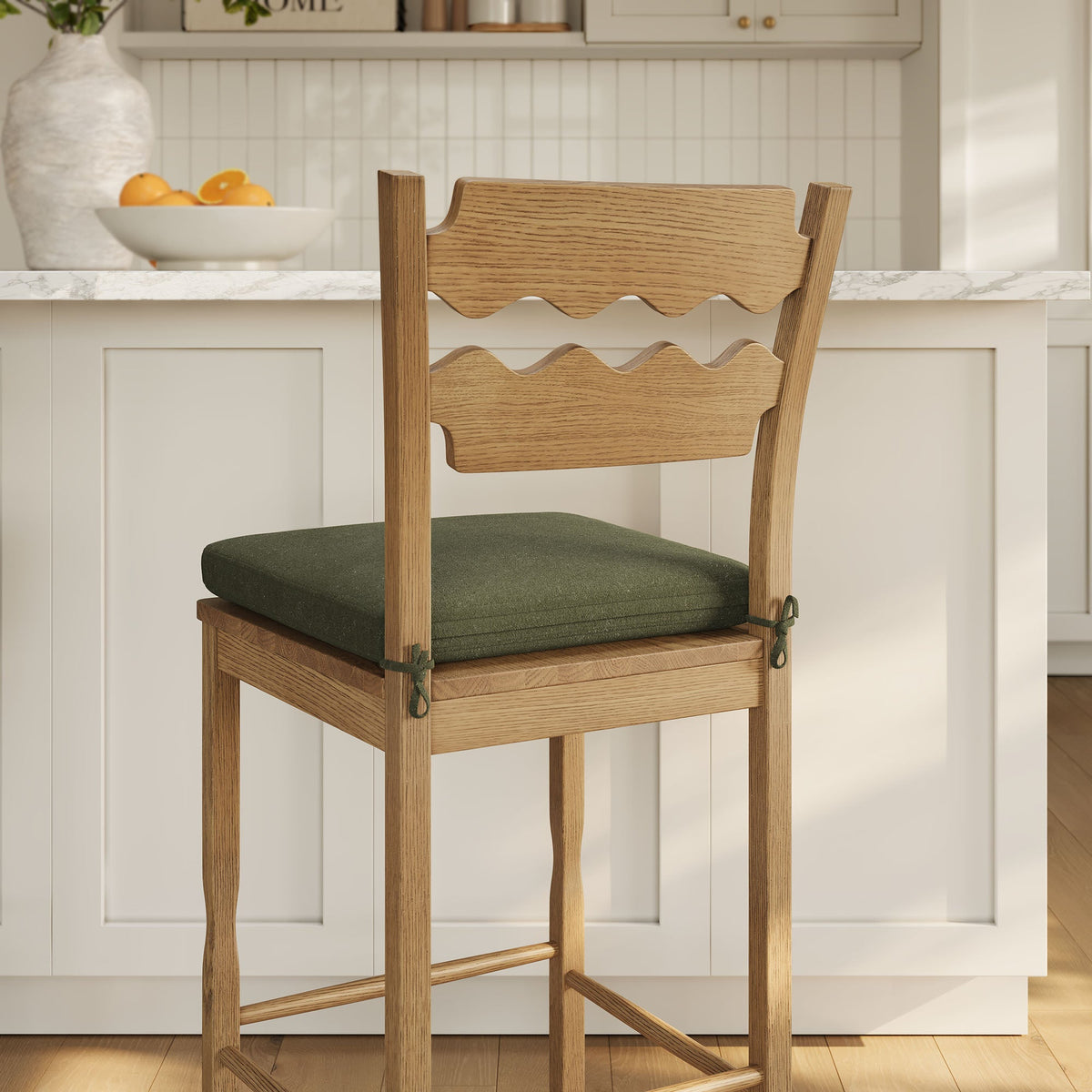 Jax Oak Wood Bar Stool With Wavy Razor Back and Cushion