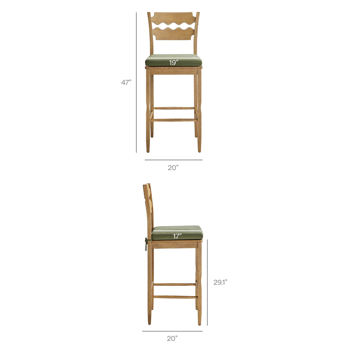 Jax Oak Wood Bar Stool With Wavy Razor Back and Cushion