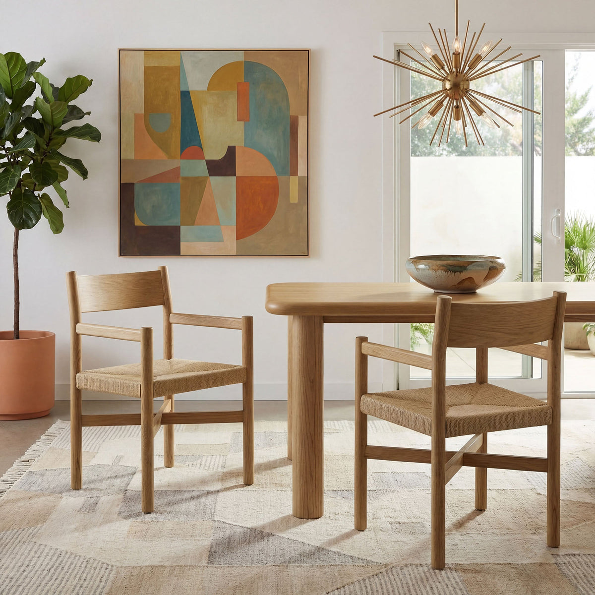 Alvia Oak Wood Dining Armchairs With Woven Seats Set of 2