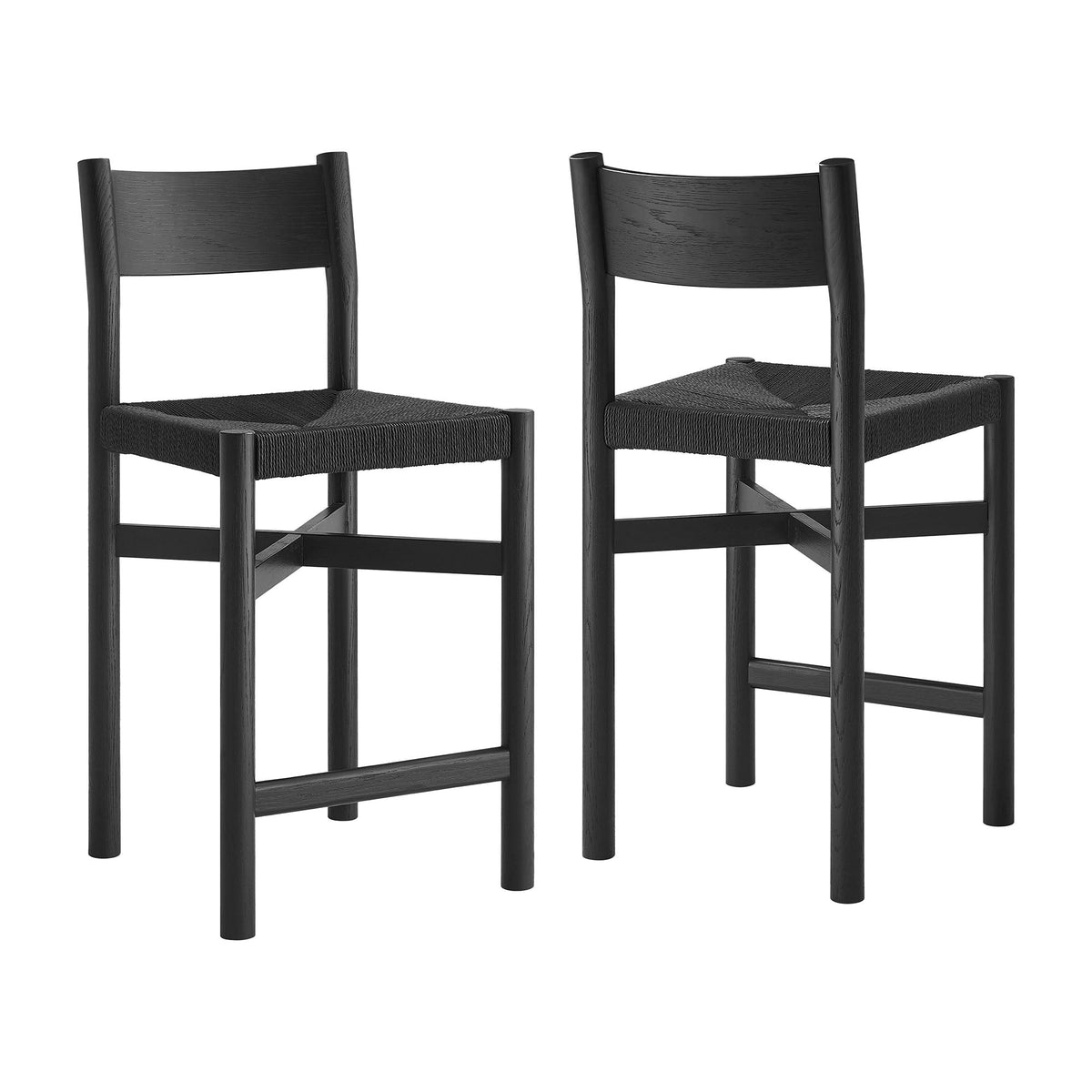 Alvia Oak Wood Counter Stools With Woven Seats Set of 2