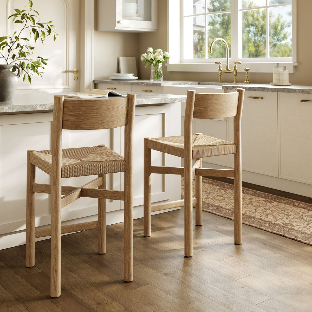Alvia Oak Wood Counter Stools With Woven Seats Set of 2