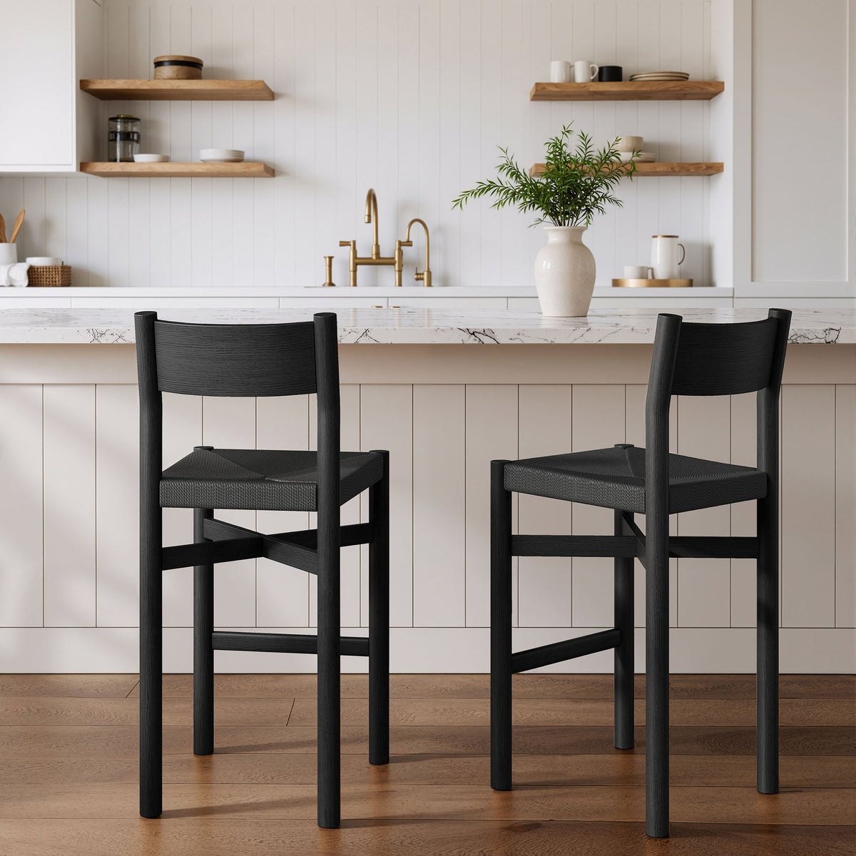 Alvia Oak Wood Bar Stools With Woven Seats Set of 2