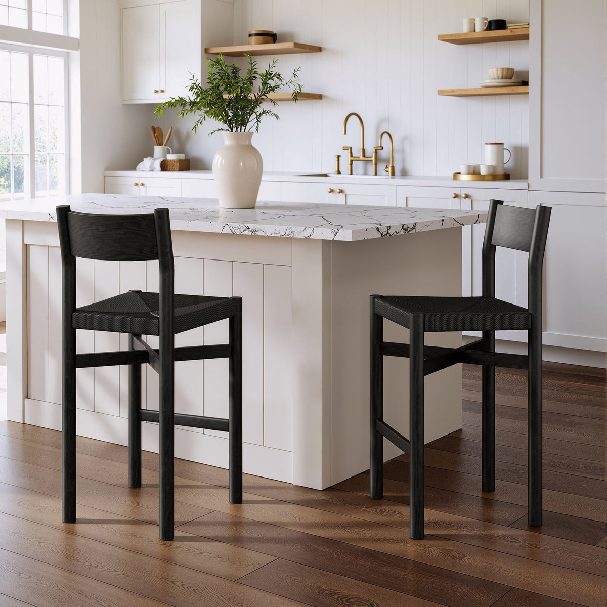 Alvia Oak Wood Bar Stools With Woven Seats Set of 2