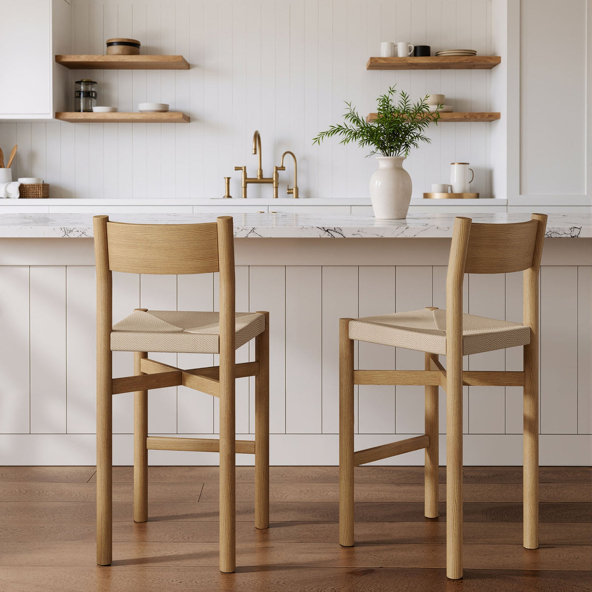 Alvia Oak Wood Bar Stools With Woven Seats Set of 2