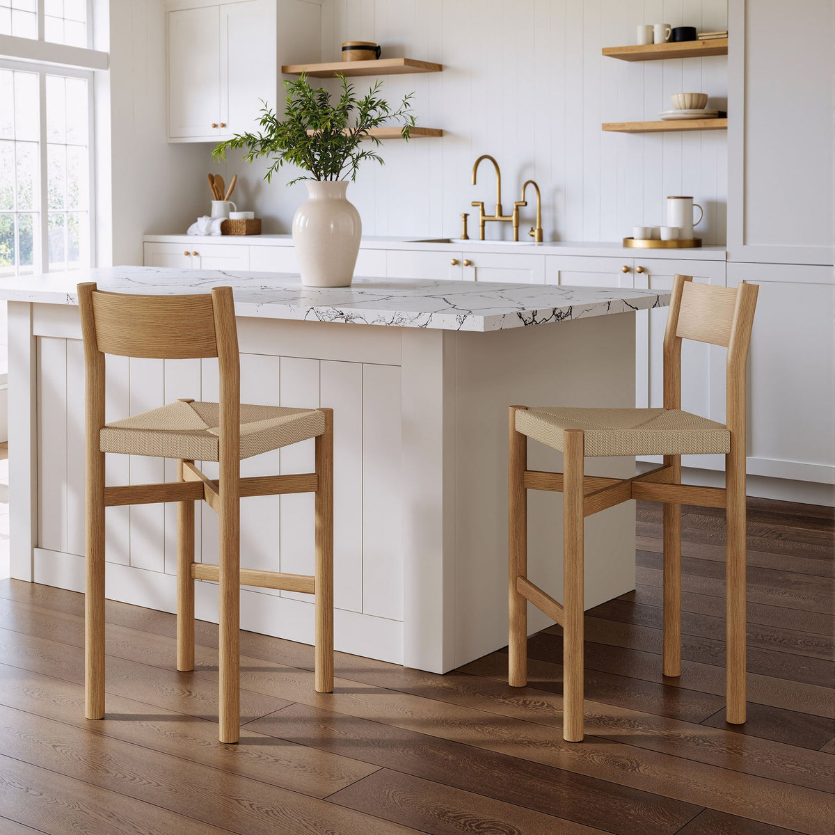 Alvia Oak Wood Bar Stools With Woven Seats Set of 2