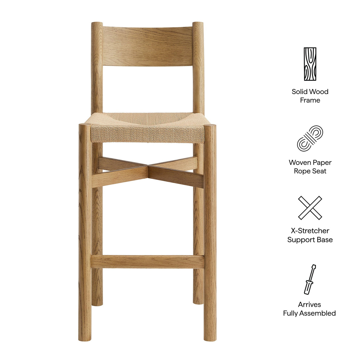 Alvia Oak Wood Bar Stools With Woven Seats Set of 2
