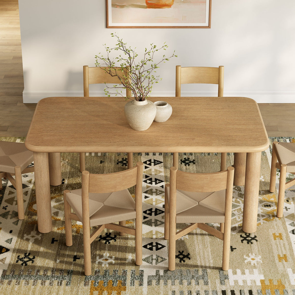 Alvia 7-Piece Oak Wood Dining Table and Chairs Set