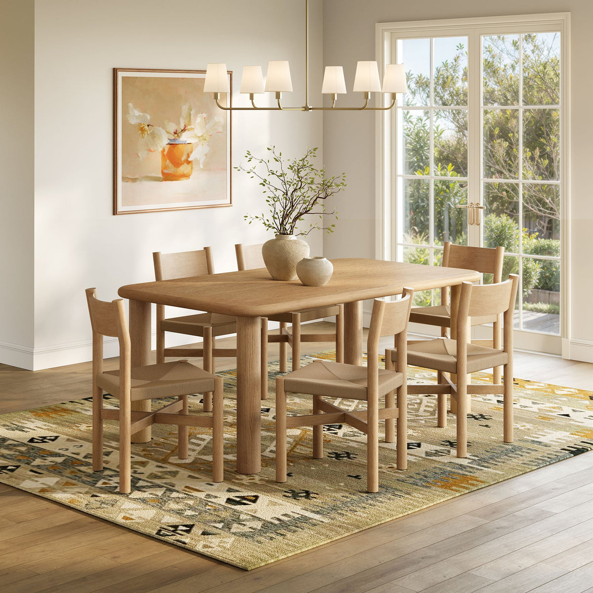 Alvia 7-Piece Oak Wood Dining Table and Chairs Set