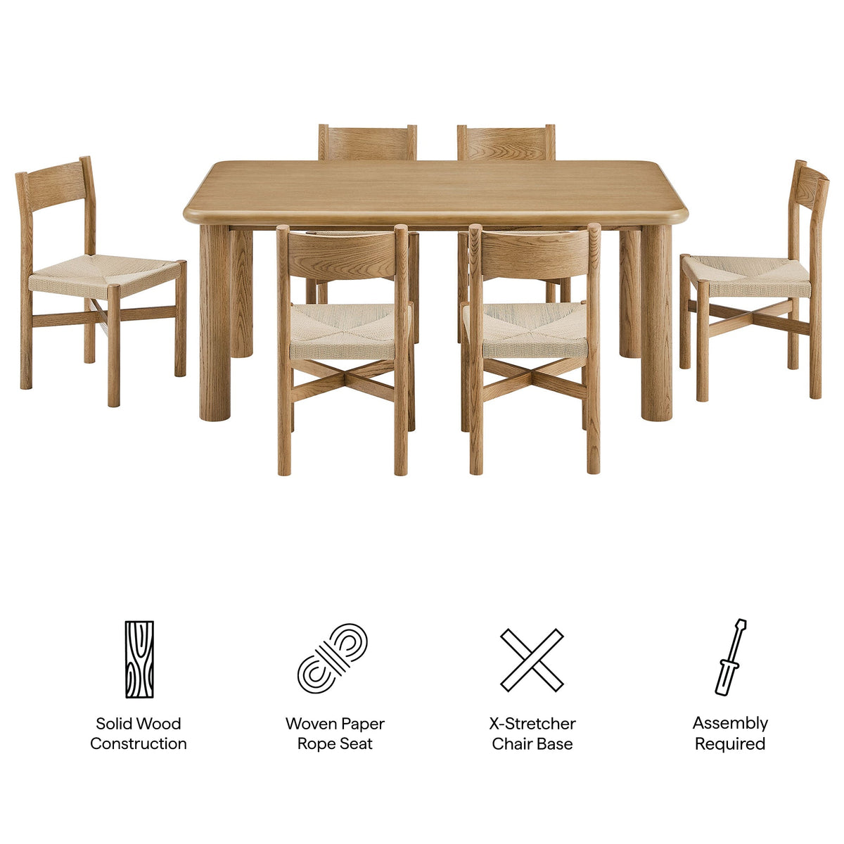Alvia 7-Piece Oak Wood Dining Table and Chairs Set