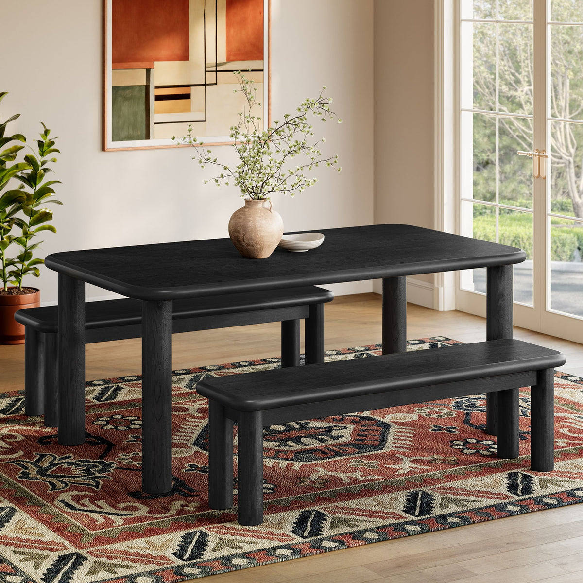 Alvia 3-Piece Oak Wood Dining Table and Benches Set - view 6
