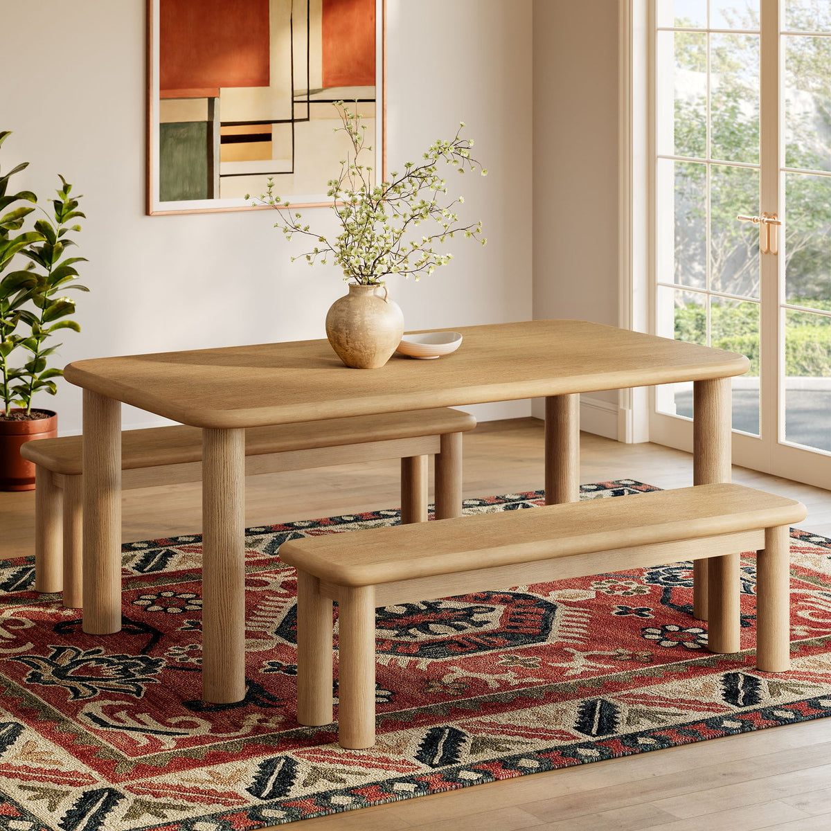Alvia 3-Piece Oak Wood Dining Table and Benches Set - view 5