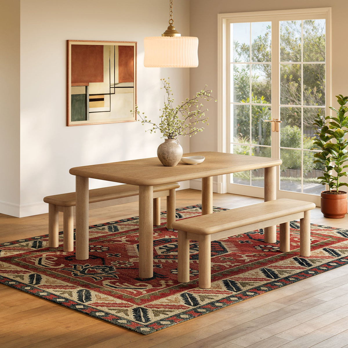 Alvia 3-Piece Oak Wood Dining Table and Benches Set - view 7