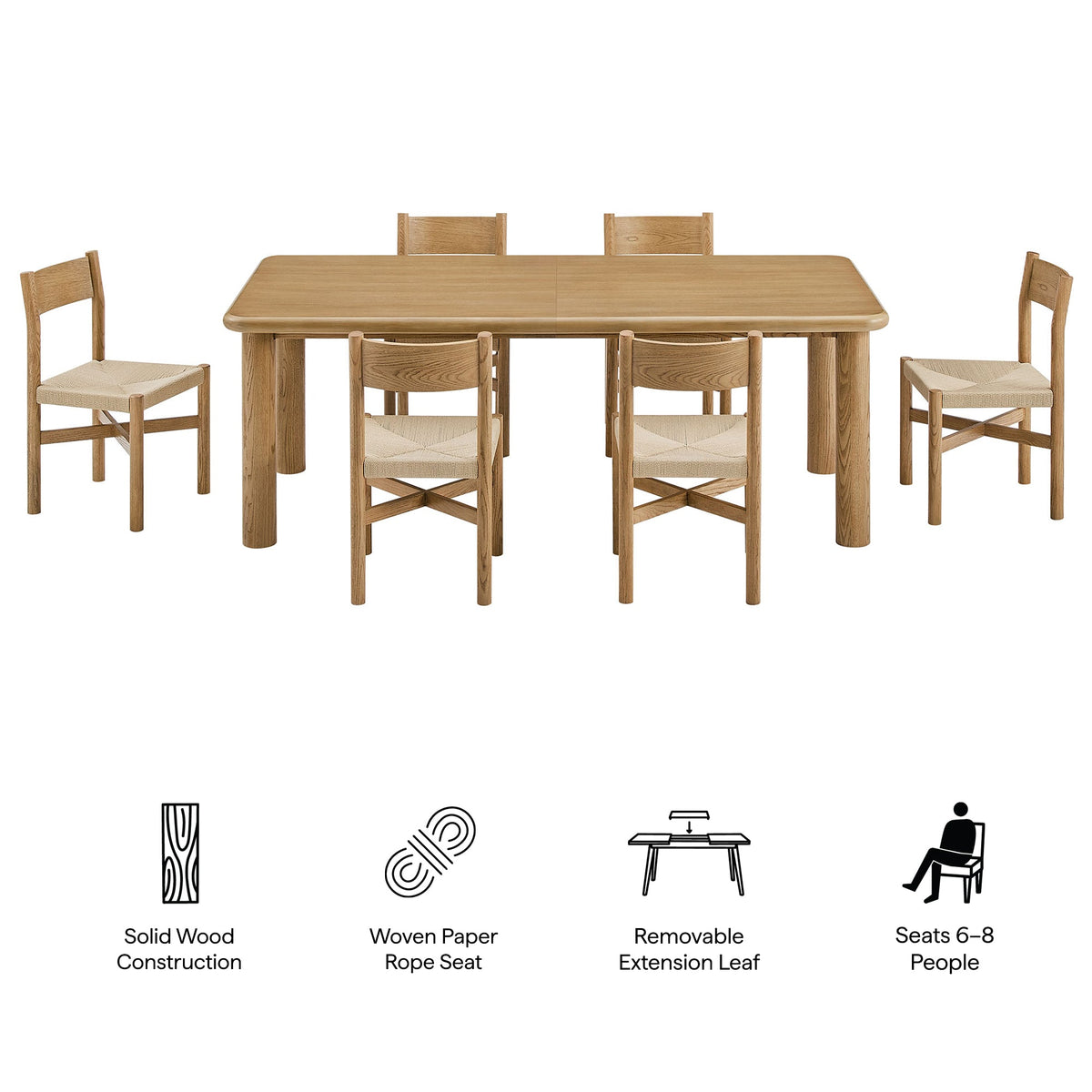 Alvia 7-Piece Oak Wood Extendable Dining Table and Chairs Set