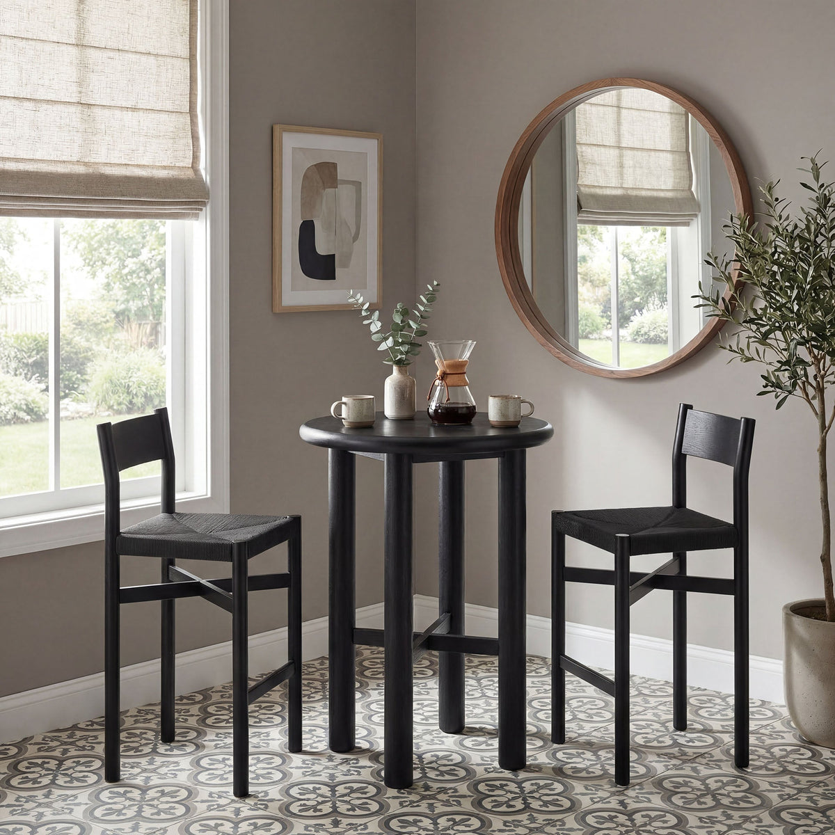 Alvia 3-Piece Round Oak Wood Bar Table With Bar Stools Set