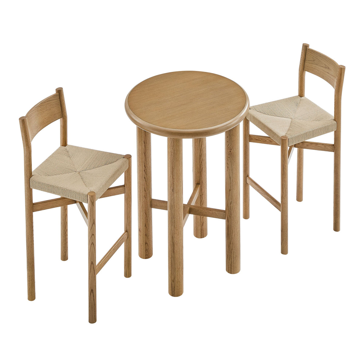 Alvia 3-Piece Round Oak Wood Bar Table With Bar Stools Set