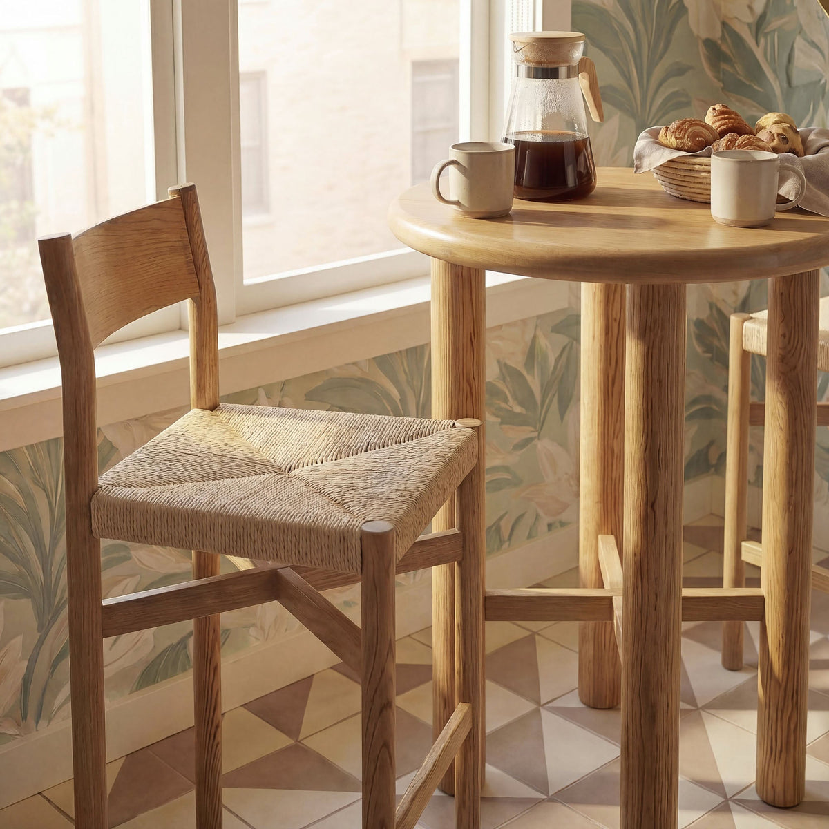Alvia 3-Piece Round Oak Wood Bar Table With Bar Stools Set