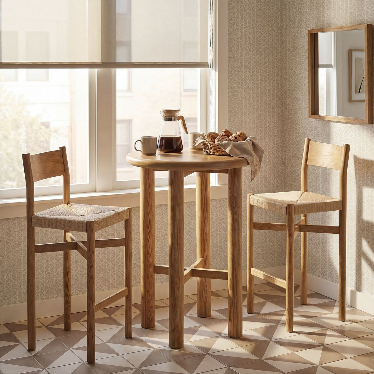 Alvia 3-Piece Round Oak Wood Bar Table With Bar Stools Set