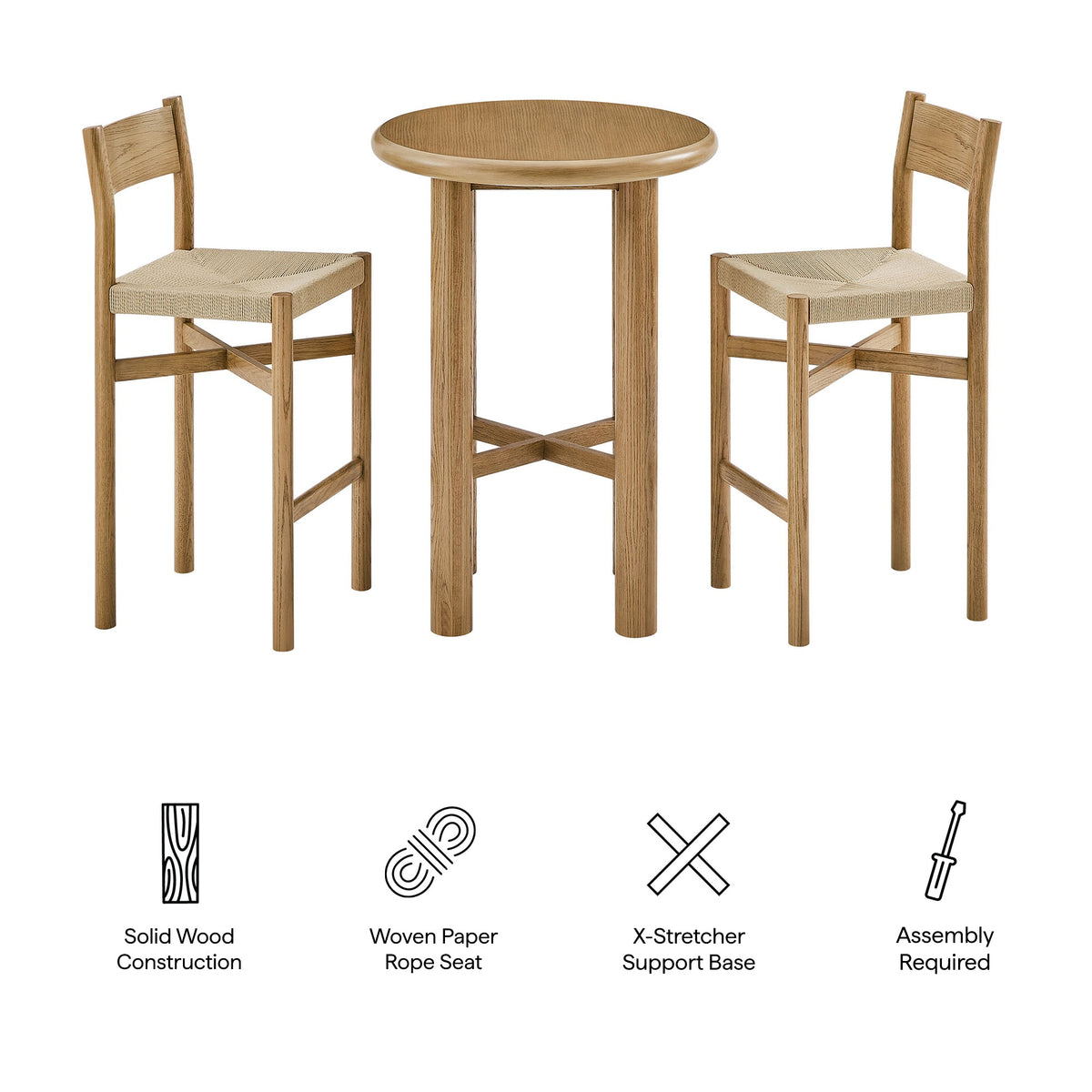 Alvia 3-Piece Round Oak Wood Bar Table With Bar Stools Set