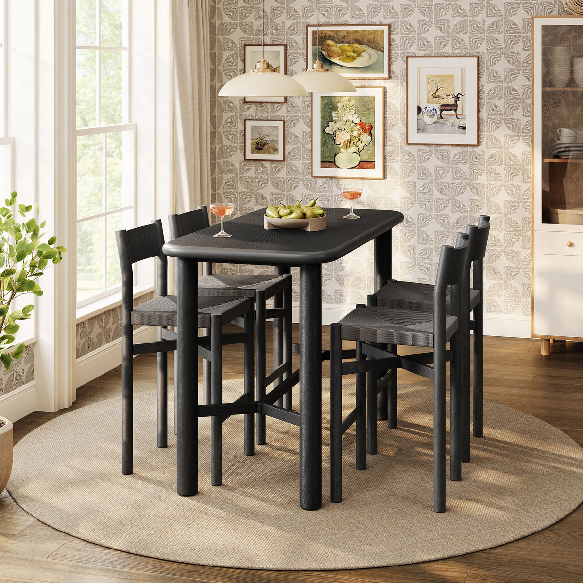 Alvia 5-Piece Rectangular Oak Wood Bar Table With Bar Stools Set