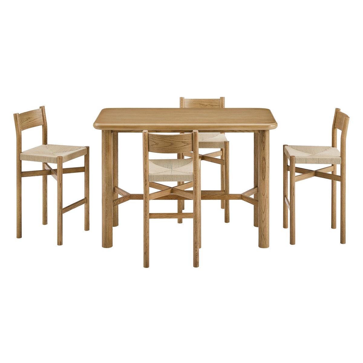 Alvia 5-Piece Rectangular Oak Wood Bar Table With Bar Stools Set