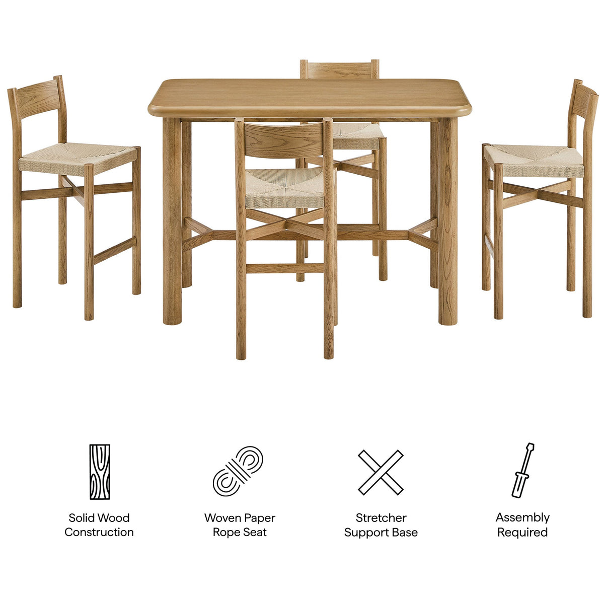 Alvia 5-Piece Rectangular Oak Wood Bar Table With Bar Stools Set