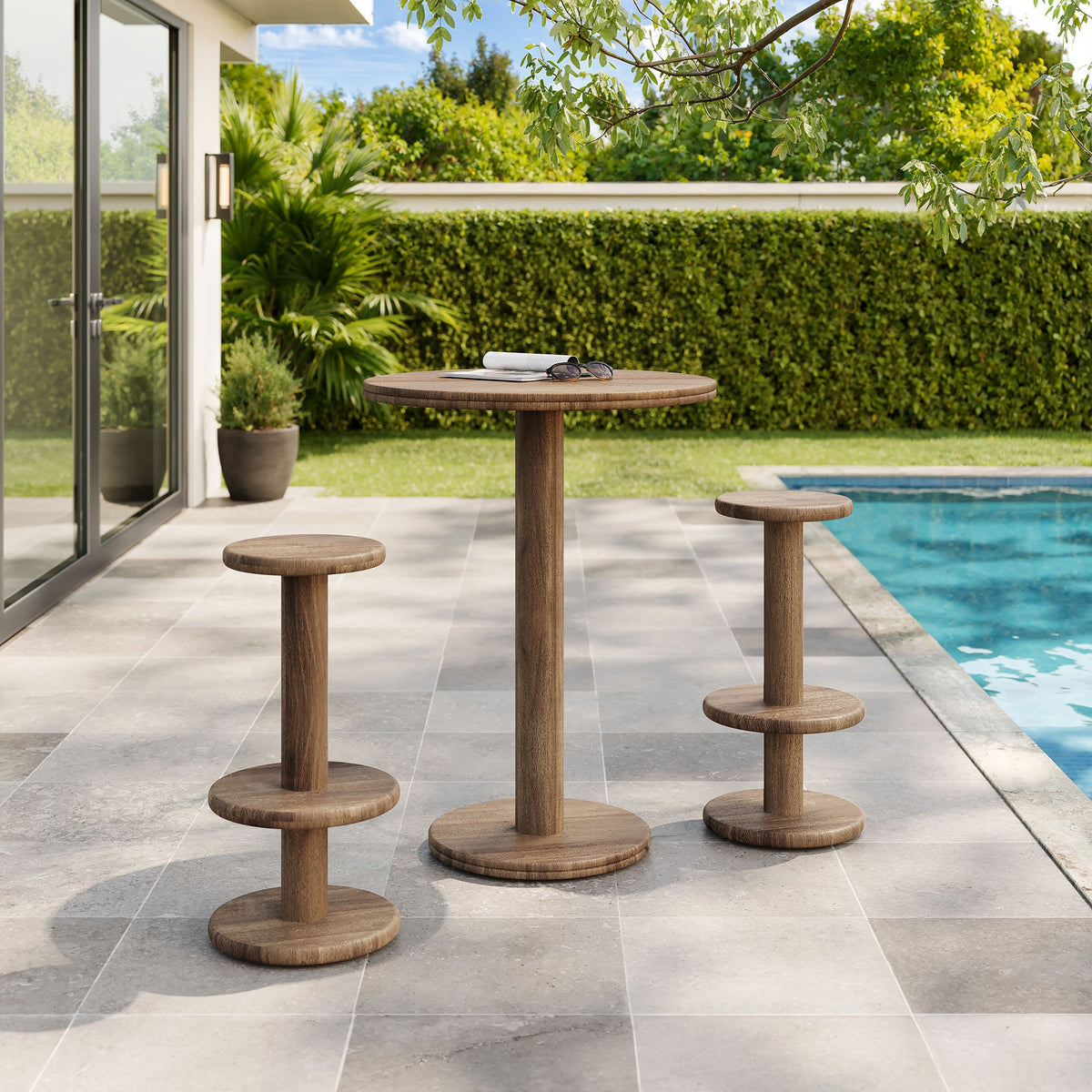 Neo 3-Piece Round Indoor - Outdoor Patio Wood Bar Table And Stool Set