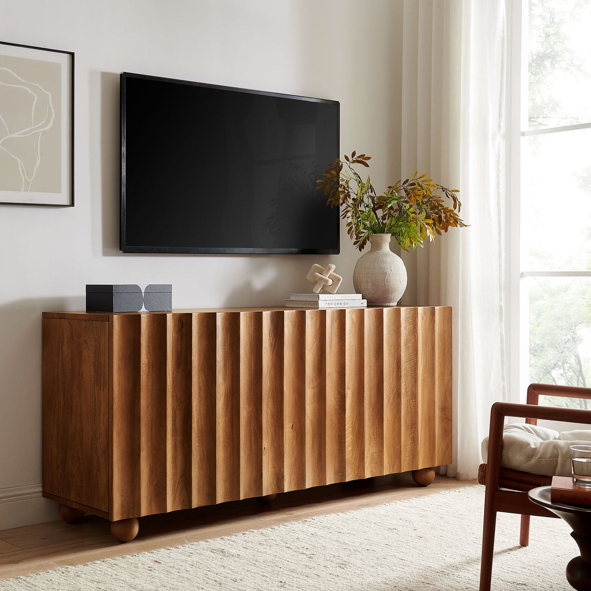 Sorren 72 Inch Scalloped Wood 4-Door Sideboard