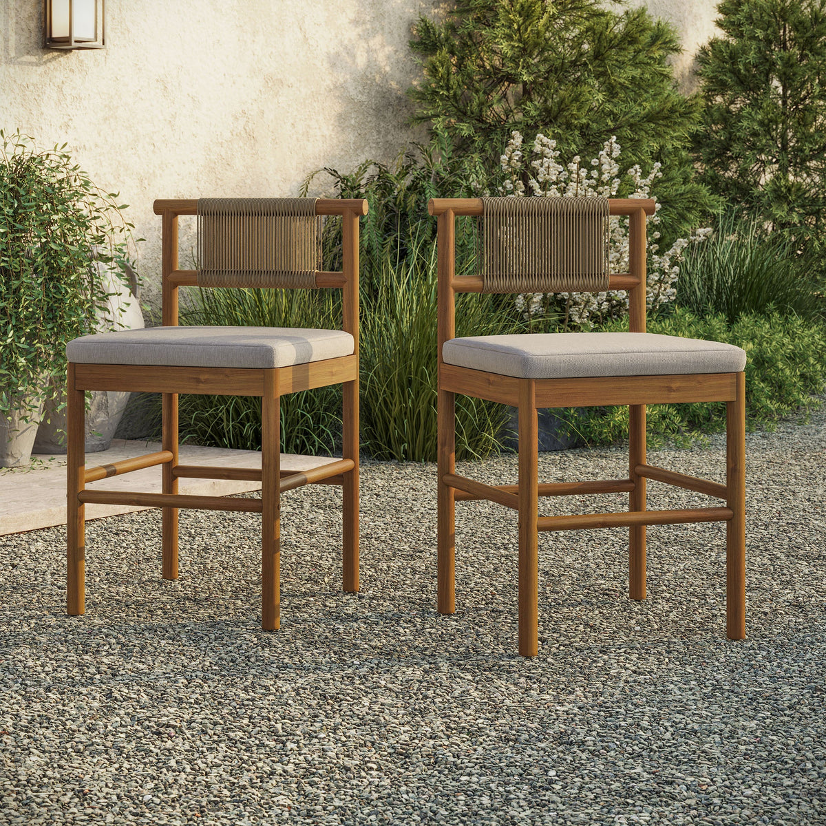 Eleni Outdoor Teak Wood Counter Stools Set of 2