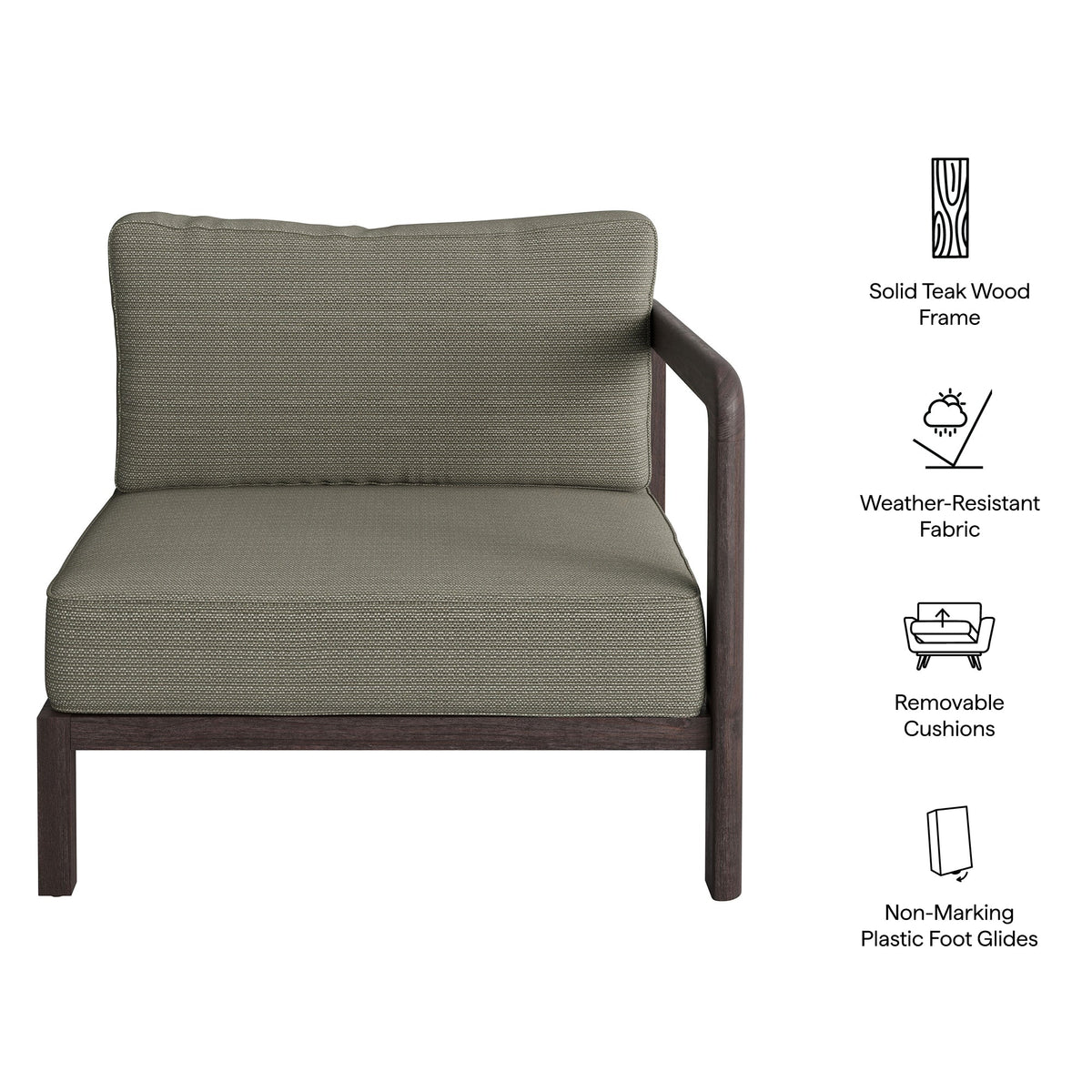 Kona Outdoor Teak Wood Right-Arm Facing Modular Armchair - view 16