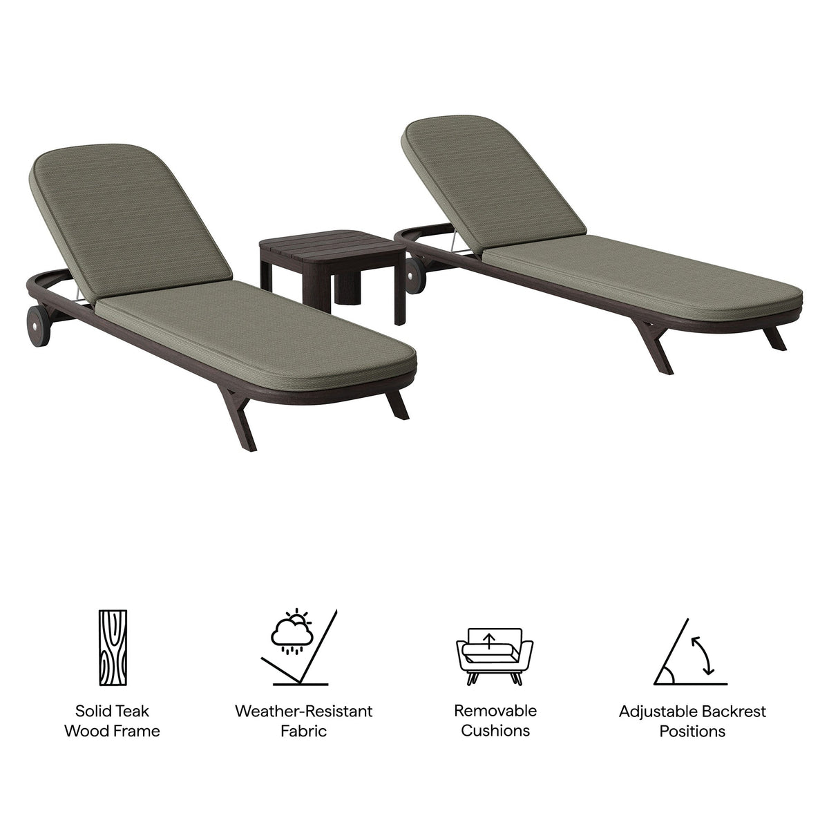 Kona 3-Piece Outdoor Teak Wood Chaise Lounge Set