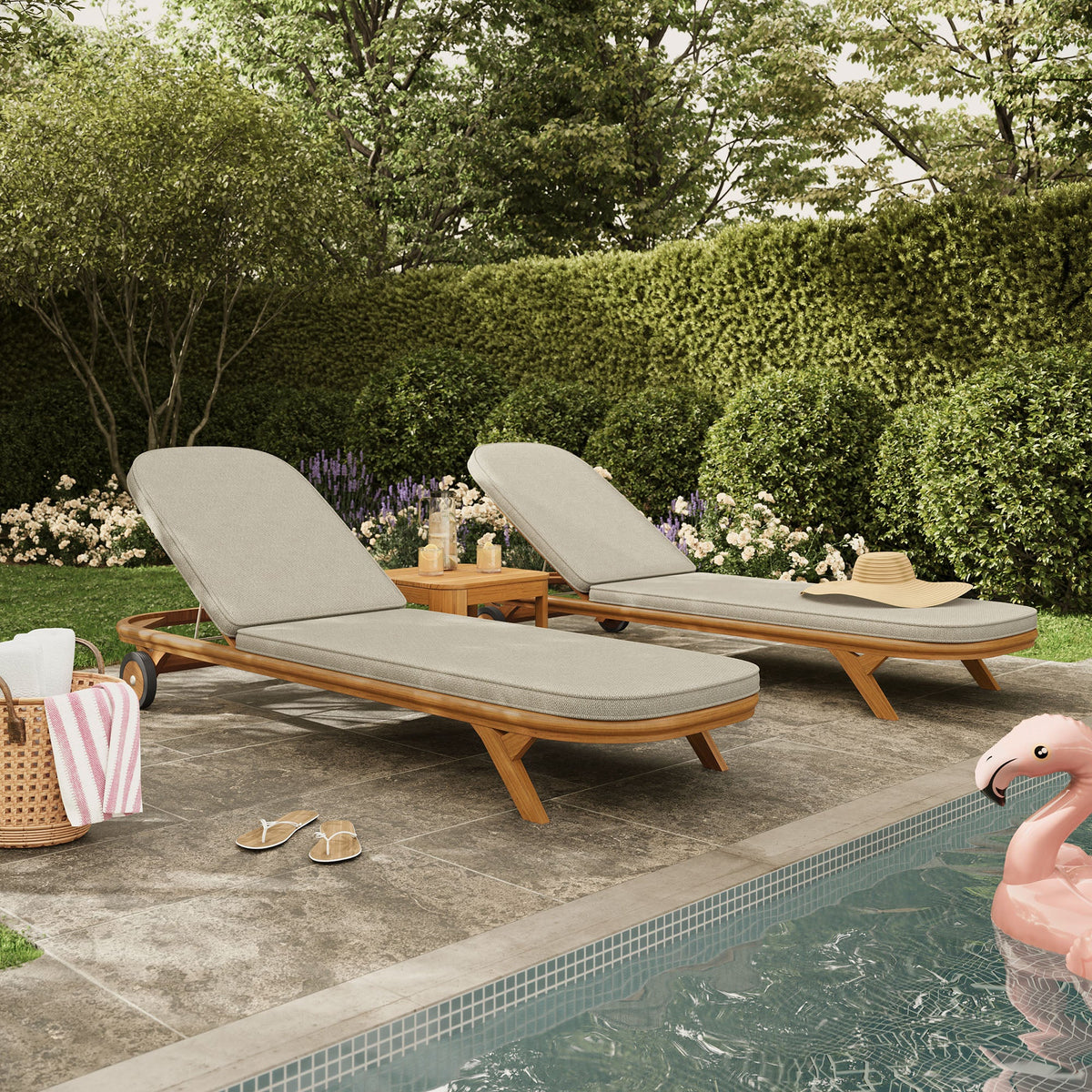 Kona 3-Piece Outdoor Teak Wood Chaise Lounge Set