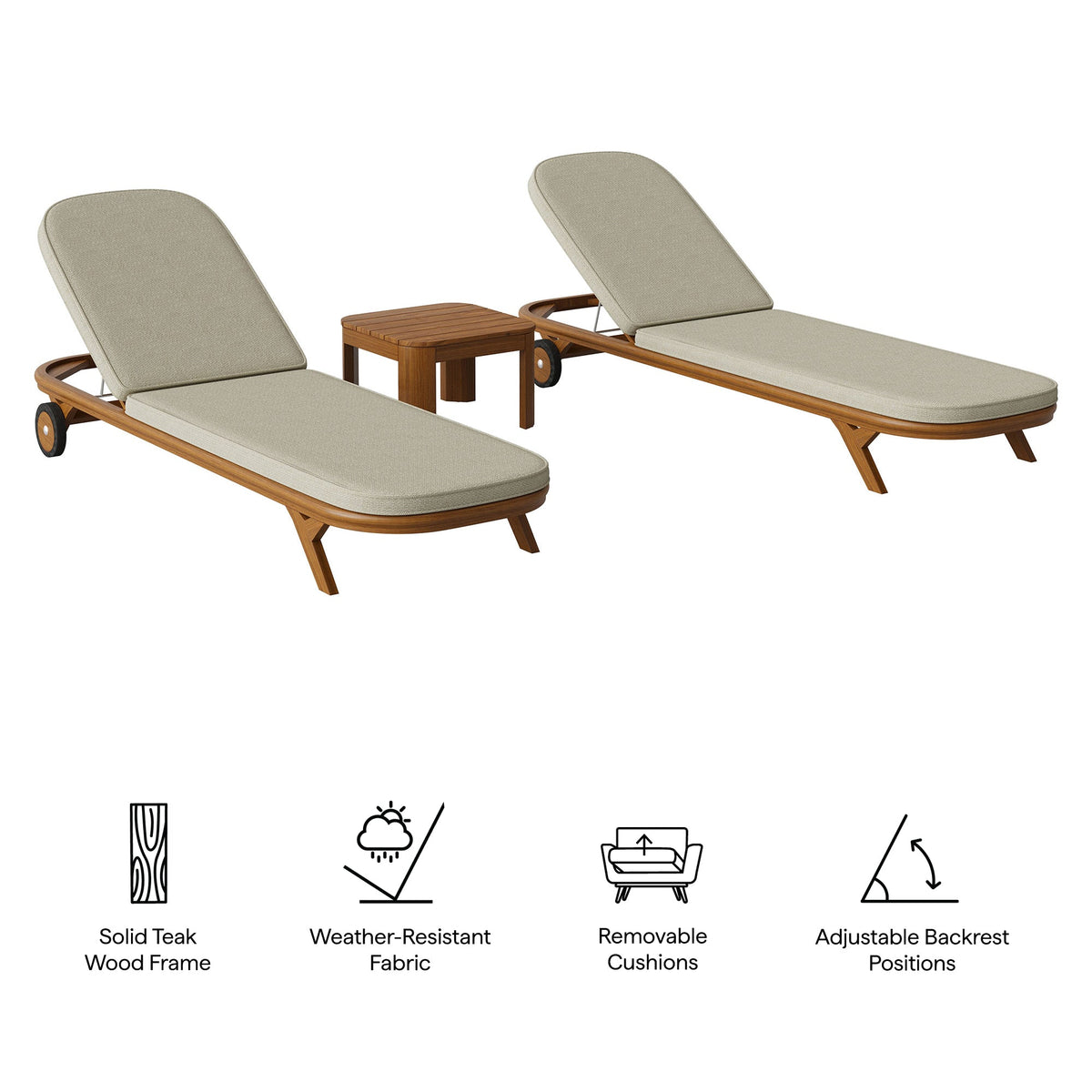 Kona 3-Piece Outdoor Teak Wood Chaise Lounge Set