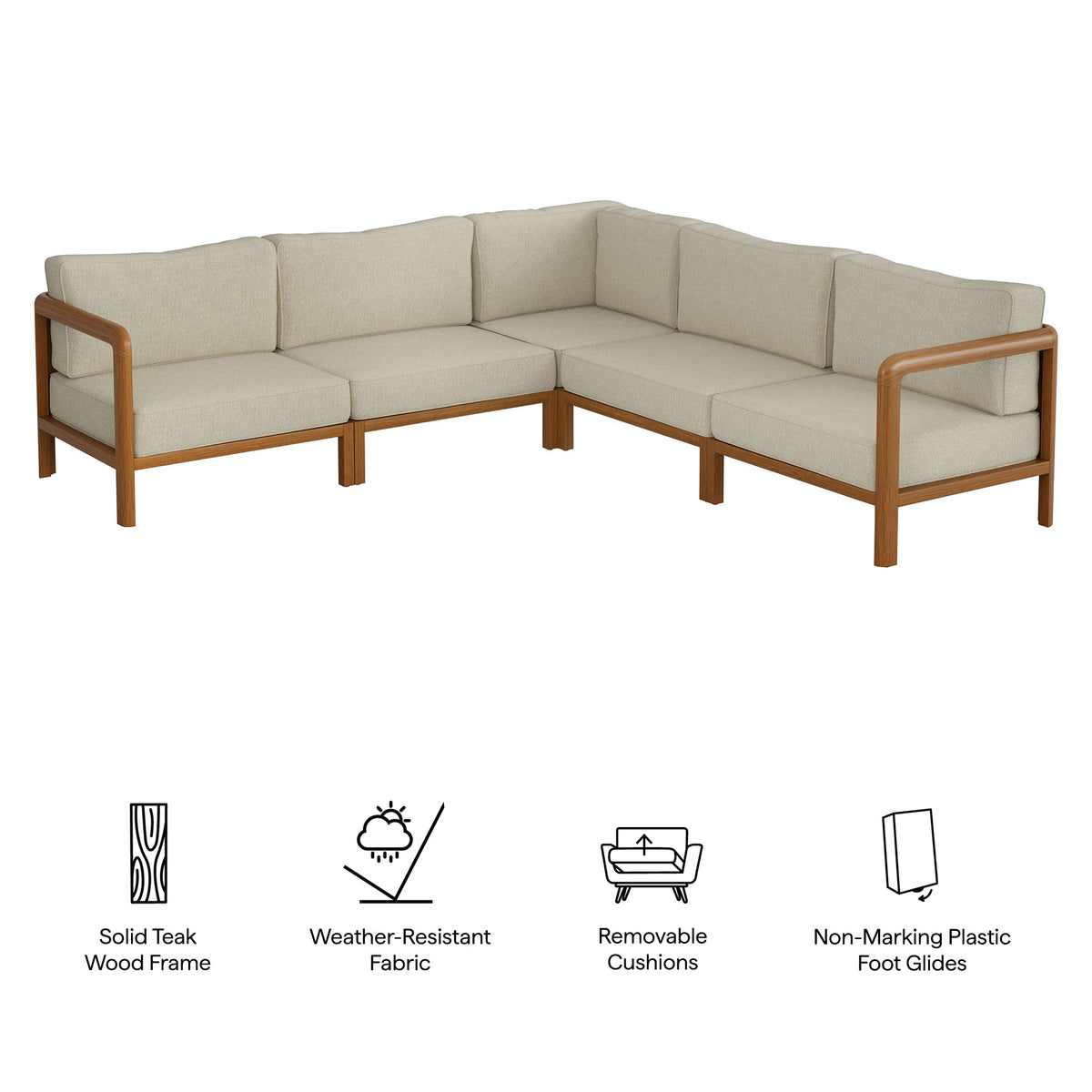 Kona 5-Piece Outdoor Teak Wood Corner Modular Sofa