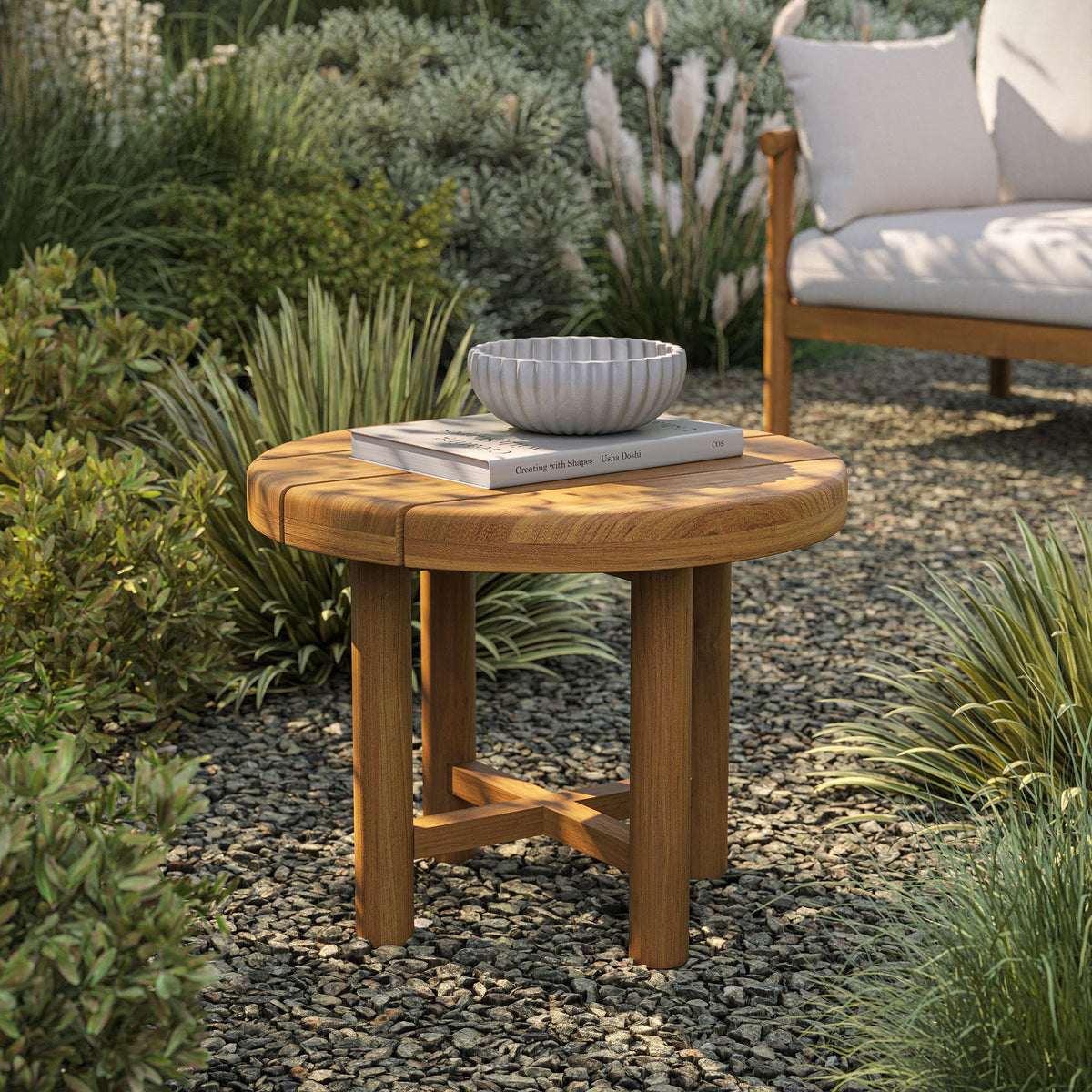 Eleni 20-Inch Round Outdoor Teak Wood Side Table