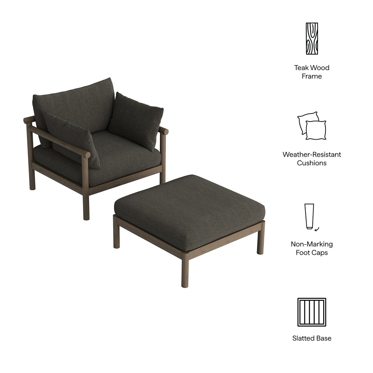 Eleni 2-Piece Outdoor Teak Wood Armchair and Ottoman Set