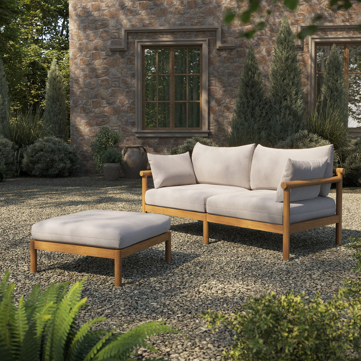 Eleni 2-Piece Outdoor Teak Wood Loveseat with Ottoman Set