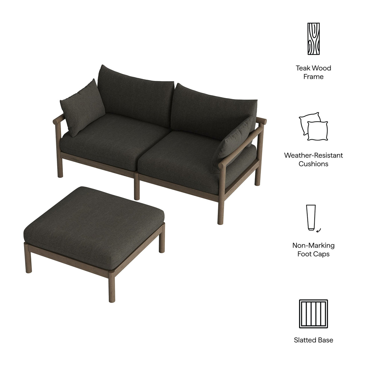 Eleni 2-Piece Outdoor Teak Wood Loveseat with Ottoman Set