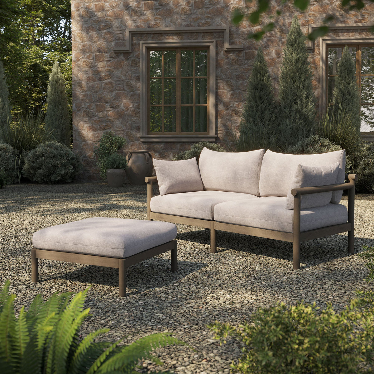 Eleni 2-Piece Outdoor Teak Wood Loveseat with Ottoman Set